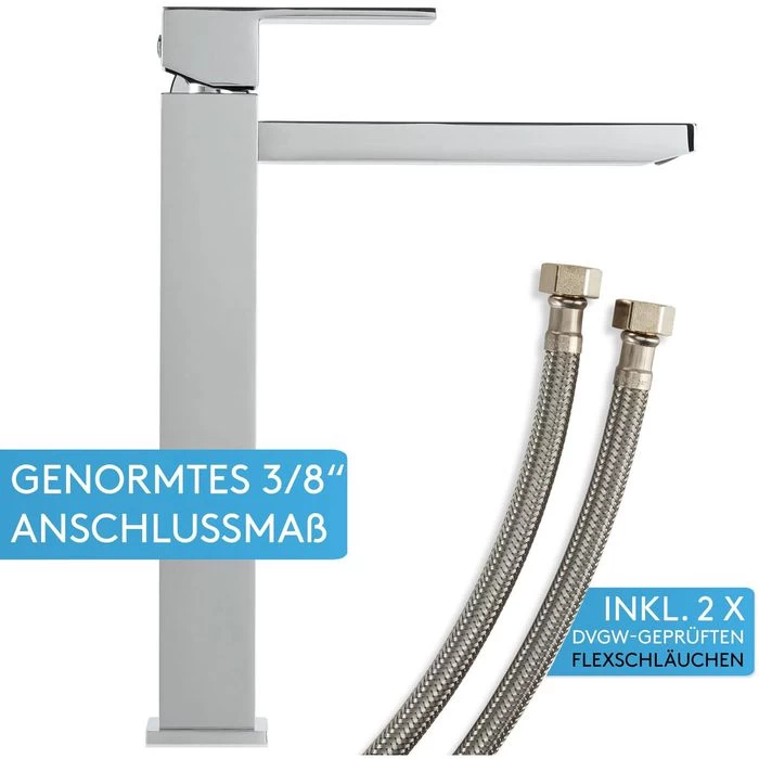 Bächlein Waschtischarmatur Kantig, Chrom, Hochdruck, Hoher Auslauf 6 Bächlein Waschtischarmatur Kantig, Chrom, Hochdruck, Hoher Auslauf – Bild 6