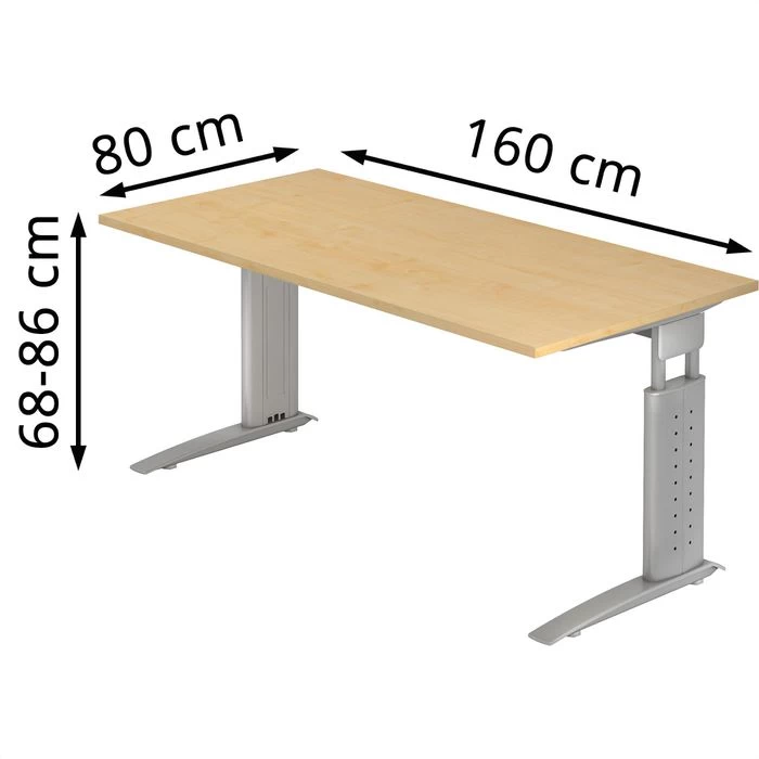 Hammerbacher Schreibtisch U-Serie, Verstellbar, 160 X 68-86 X 80cm, Ahorn / Silber 2 Hammerbacher Schreibtisch U-Serie, Verstellbar, 160 X 68-86 X 80cm, Ahorn / Silber – Bild 2
