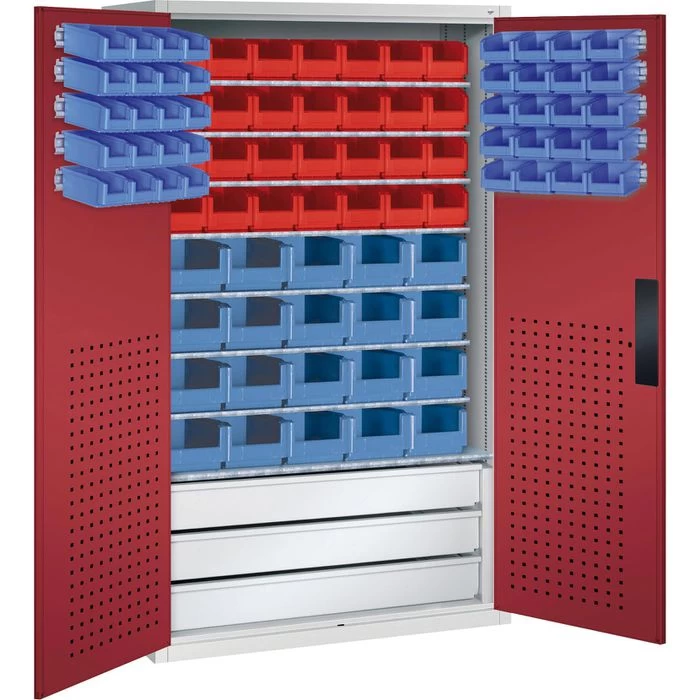 CP-Möbel Magazinschrank Serie 13, Grau / Rot, 3 Schübe, 110 X 195 X 53,5cm, Mit 83 Sichtlagerkästen 1 CP-Möbel Magazinschrank Serie 13, Grau / Rot, 3 Schübe, 110 X 195 X 53,5cm, Mit 83 Sichtlagerkästen