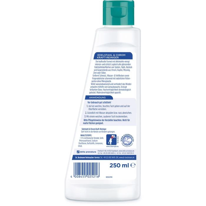 Dr.Beckmann Edelstahlreiniger 2521, Edelstahl & Chrom Kraft-Reiniger, 250ml 2 Dr.Beckmann Edelstahlreiniger 2521, Edelstahl & Chrom Kraft-Reiniger, 250ml – Bild 2