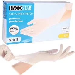 Franz-Mensch Einmalhandschuhe Safe Super Stretch, Nitril, Puderfrei, Weiß, 100 Stück, Größe XS