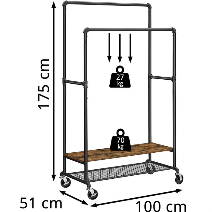 Vasagle Garderobenständer RGR120B01, Vintage, Mit Rollen & 2 Ablagen, Metall / Holz, Braun 2 Vasagle Garderobenständer RGR120B01, Vintage, Mit Rollen & 2 Ablagen, Metall / Holz, Braun – Bild 2