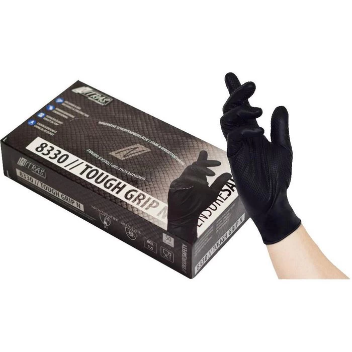 NITRAS Einmalhandschuhe Tough Grip N, Nitril, 8330, Puderfrei, Schwarz, 50 Stück, Gr. XL 1 NITRAS Einmalhandschuhe Tough Grip N, Nitril, 8330, Puderfrei, Schwarz, 50 Stück, Gr. XL