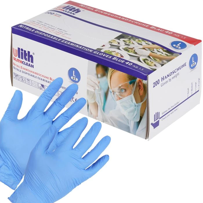 Ulith Einmalhandschuhe Nitril Typ 40, Puderfrei, Blau, 200 Stück, Größe L 1 Ulith Einmalhandschuhe Nitril Typ 40, Puderfrei, Blau, 200 Stück, Größe L