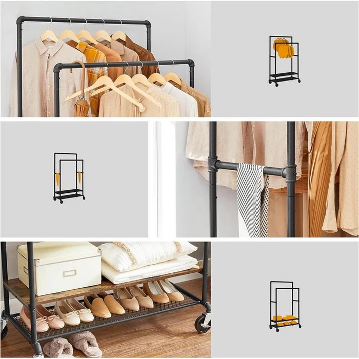 Vasagle Garderobenständer RGR120B01, Vintage, Mit Rollen & 2 Ablagen, Metall / Holz, Braun 4 Vasagle Garderobenständer RGR120B01, Vintage, Mit Rollen & 2 Ablagen, Metall / Holz, Braun – Bild 4