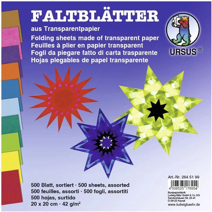 Ursus Faltblätter 2645199, Aus Transparentpapier, 20 X 20cm, 42g/m², 10 Farben Sortiert, 500 Blatt 1 Ursus Faltblätter 2645199, Aus Transparentpapier, 20 X 20cm, 42g/m², 10 Farben Sortiert, 500 Blatt
