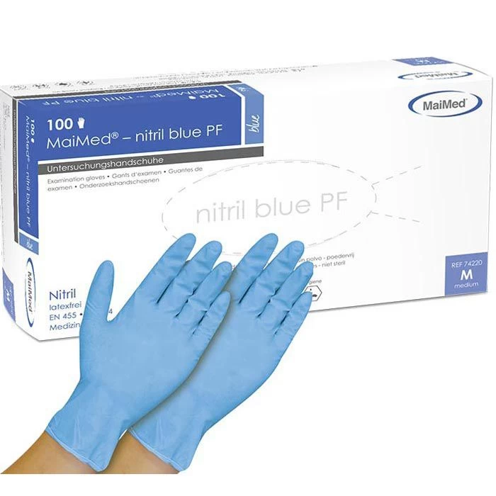 MaiMed Einmalhandschuhe Nitril Blue PF, Puderfrei, Chemikalienhandschuhe, Blau, 100 Stück, Gr. M 1 MaiMed Einmalhandschuhe Nitril Blue PF, Puderfrei, Chemikalienhandschuhe, Blau, 100 Stück, Gr. M